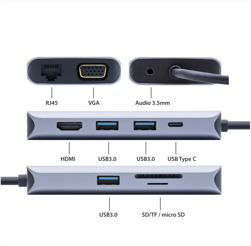 MP10 USB-C multiportu adapteris HDMI, VGA, 3 x USB 3.0, SD / TF, RJ45, audio 3.5, USB-C PD, 10 izejas