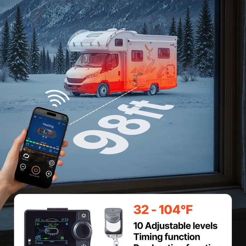 VEVOR 8 kW pārnēsājams dīzeļdegvielas gaisa sildītājs ar 12 V barošanu, integrētu konstrukciju, Bluetooth lietotnes vadību, tālvadības pulti un LCD ekrānu, 4,5 L degvielas tvertni, piemērots automašīnām, busiem, kemperiem un garāžām