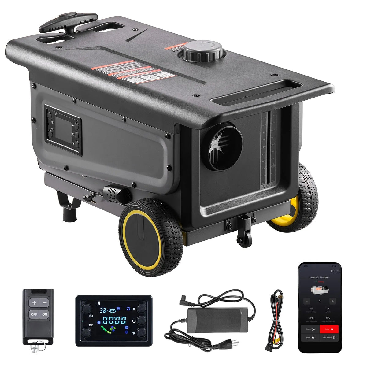 12V 8 kW VEVOR dīzeļa krāsniņa viss vienā uz ratiņiem – Bluetooth, pults, 5 l tvertne