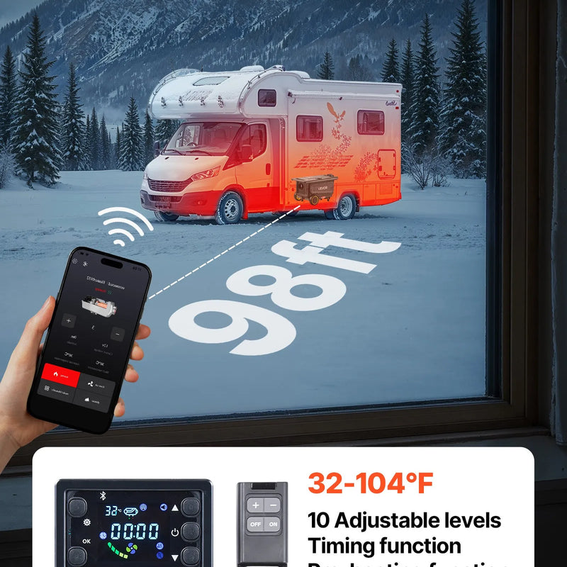 VEVOR portatīvais dīzeļsildītājs 8 kW, DC 12V/24V ar Bluetooth lietotni, tālvadības pulti un LCD ekrānu, integrētā konstrukcija ar ratiņu dizainu un 5 L degvielas tvertni kravas auto, furgoniem, kemperiem un treileriem