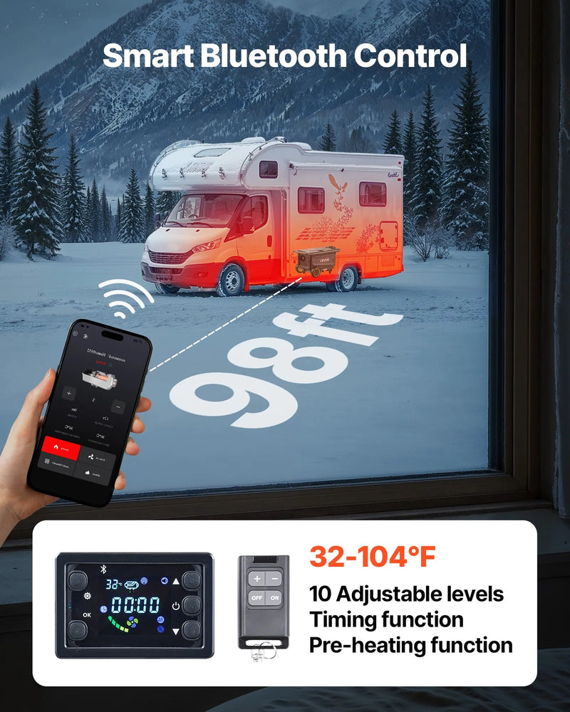 VEVOR portatīvais dīzeļsildītājs 8 kW, DC 12V/24V ar Bluetooth lietotni, tālvadības pulti un LCD ekrānu, integrētā konstrukcija ar ratiņu dizainu un 5 L degvielas tvertni kravas auto, furgoniem, kemperiem un treileriem