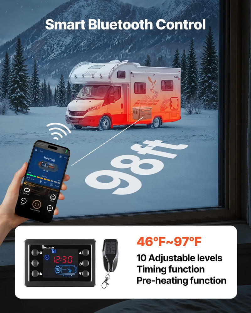 Dīzeļsildītājs 8 kW, 12/24 V, pārnēsājams viss vienā gaisa sildītājs ar Bluetooth vadību, tālvadības pulti, LCD ekrānu un 5 l degvielas tvertni, piemērots kravas automašīnām, furgoniem, kemperiem un garāžām