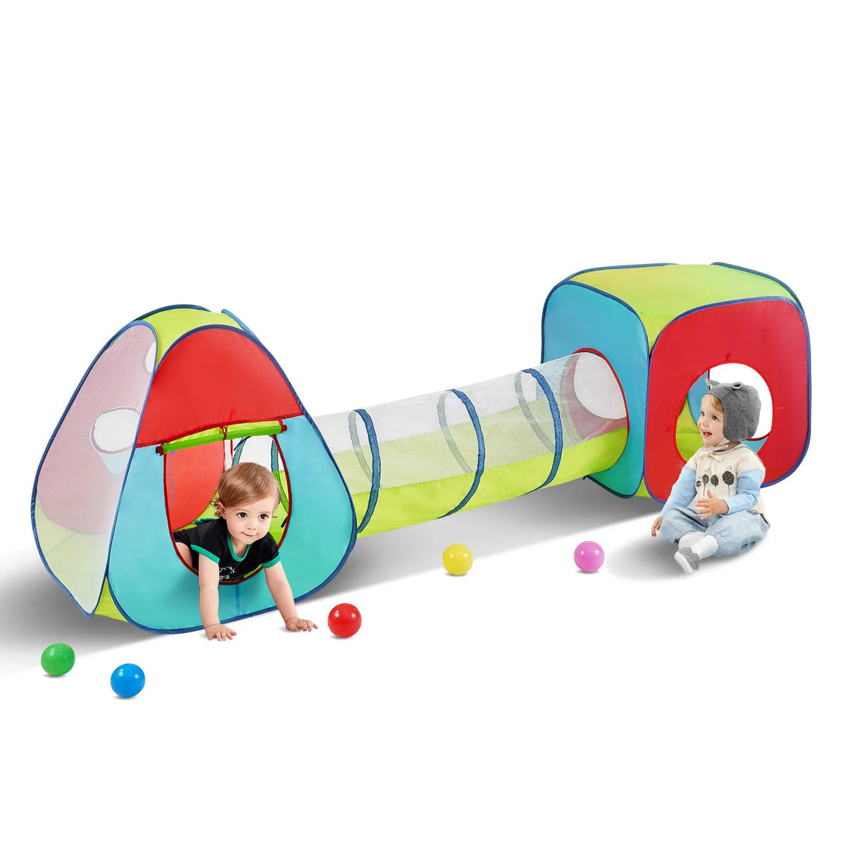 VEVOR 3 in 1 Children's Play Tent with Tunnel, Foldable, Red/Yellow/Blue