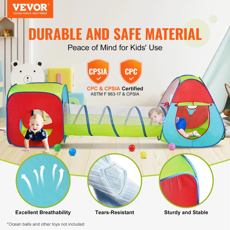 VEVOR 3 vienā bērnu rotaļu telts ar tuneli zēniem, meitenēm, mazuļiem un pirmsskolas vecuma bērniem, salokāma iekštelpu/āra rotaļu mājiņa ar pārnēsāšanas somu un stiprinājuma siksnām, sarkana/dzeltena/zila krāsu kombinācija