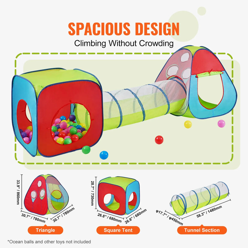 VEVOR 3 vienā bērnu rotaļu telts ar tuneli zēniem, meitenēm, mazuļiem un pirmsskolas vecuma bērniem, salokāma iekštelpu/āra rotaļu mājiņa ar pārnēsāšanas somu un stiprinājuma siksnām, sarkana/dzeltena/zila krāsu kombinācija