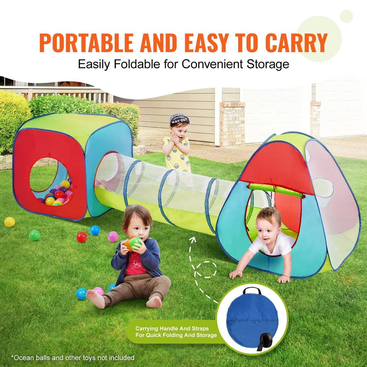VEVOR 3 in 1 Children's Play Tent with Tunnel, Foldable, Red/Yellow/Blue