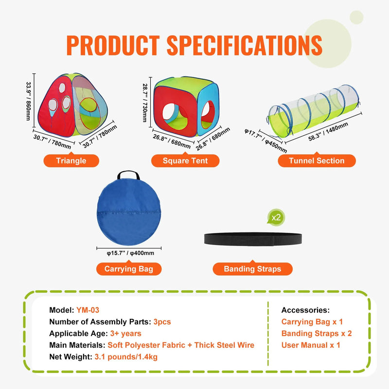 VEVOR 3 vienā bērnu rotaļu telts ar tuneli zēniem, meitenēm, mazuļiem un pirmsskolas vecuma bērniem, salokāma iekštelpu/āra rotaļu mājiņa ar pārnēsāšanas somu un stiprinājuma siksnām, sarkana/dzeltena/zila krāsu kombinācija