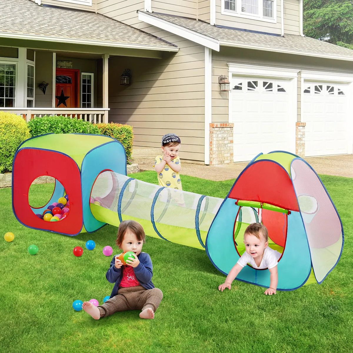 VEVOR 3 in 1 Children's Play Tent with Tunnel, Foldable, Red/Yellow/Blue