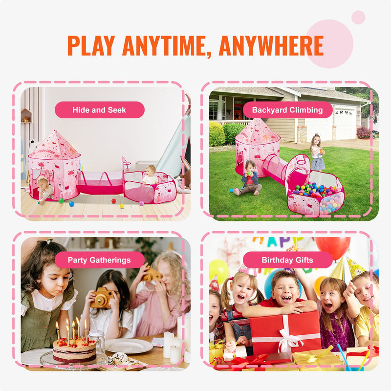 VEVOR 3 in 1 Bērnu Spēļu Telts ar Tuneli Meitenēm, Zēniem, Bērniem un Mazulim, Iekštelpu/Āra Pop-Up Spēļu Māja ar Pārnēsāšanas Somu un Siksnām