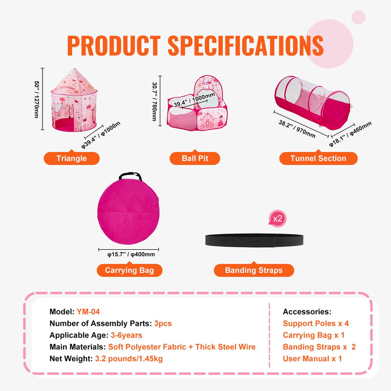 VEVOR 3 in 1 Bērnu Spēļu Telts ar Tuneli Meitenēm, Zēniem, Bērniem un Mazulim, Iekštelpu/Āra Pop-Up Spēļu Māja ar Pārnēsāšanas Somu un Siksnām