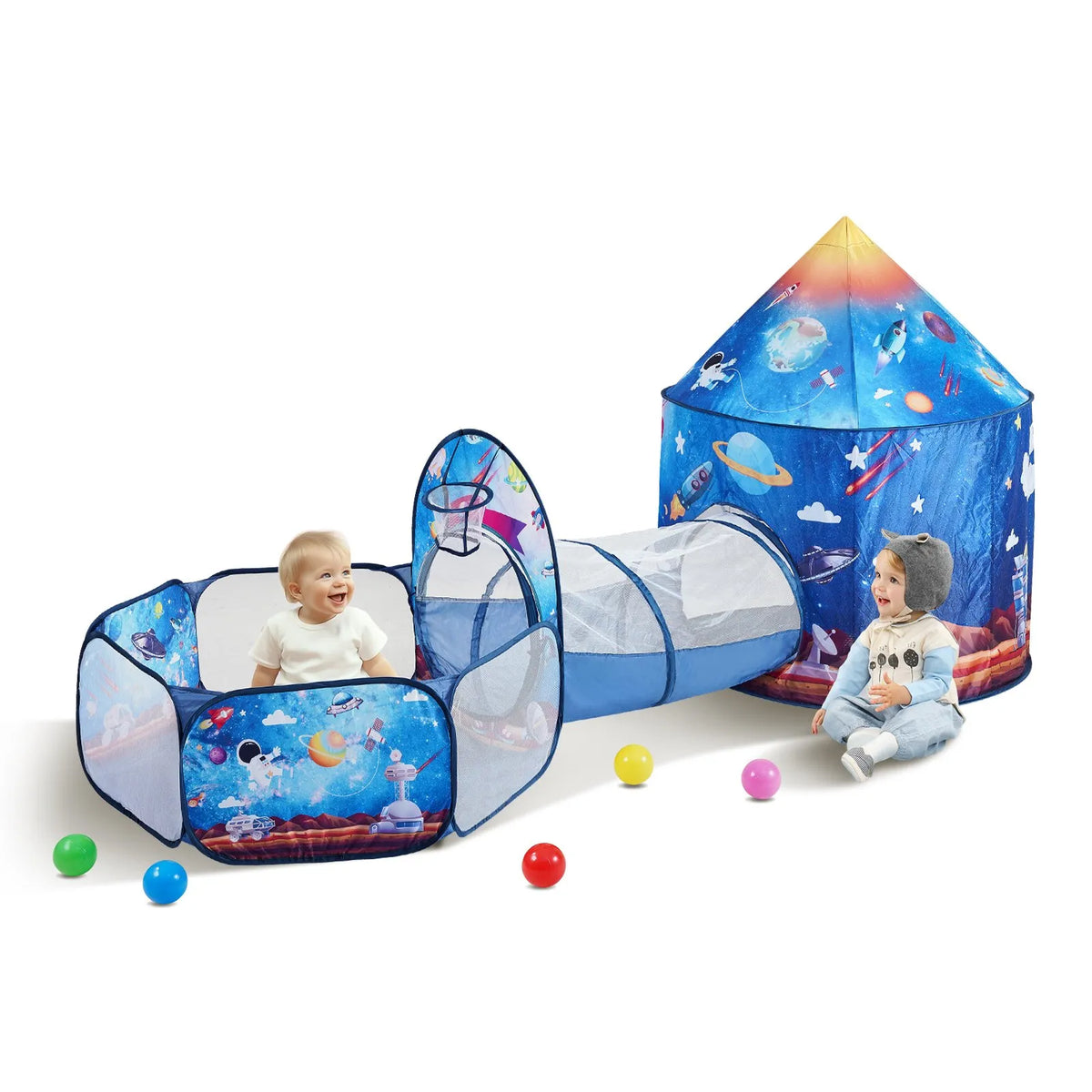 VEVOR 3 in 1 Children's Play Tent with Tunnel, Rocket Design, Blue