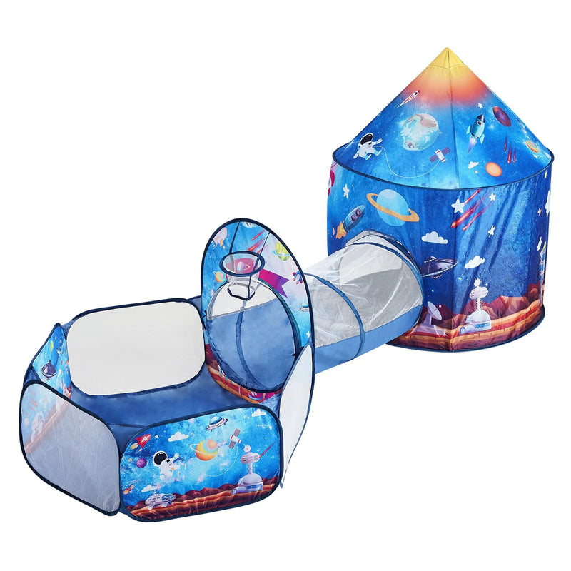VEVOR 3 vienā bērnu rotaļu telts ar tuneli zēniem, meitenēm, mazuļiem un pirmsskolas vecuma bērniem, salokāma iekštelpu/āra rotaļu mājiņa ar pārnēsāšanas somu un stiprinājuma siksnām, raķetes dizains, karaliski zilā krāsā