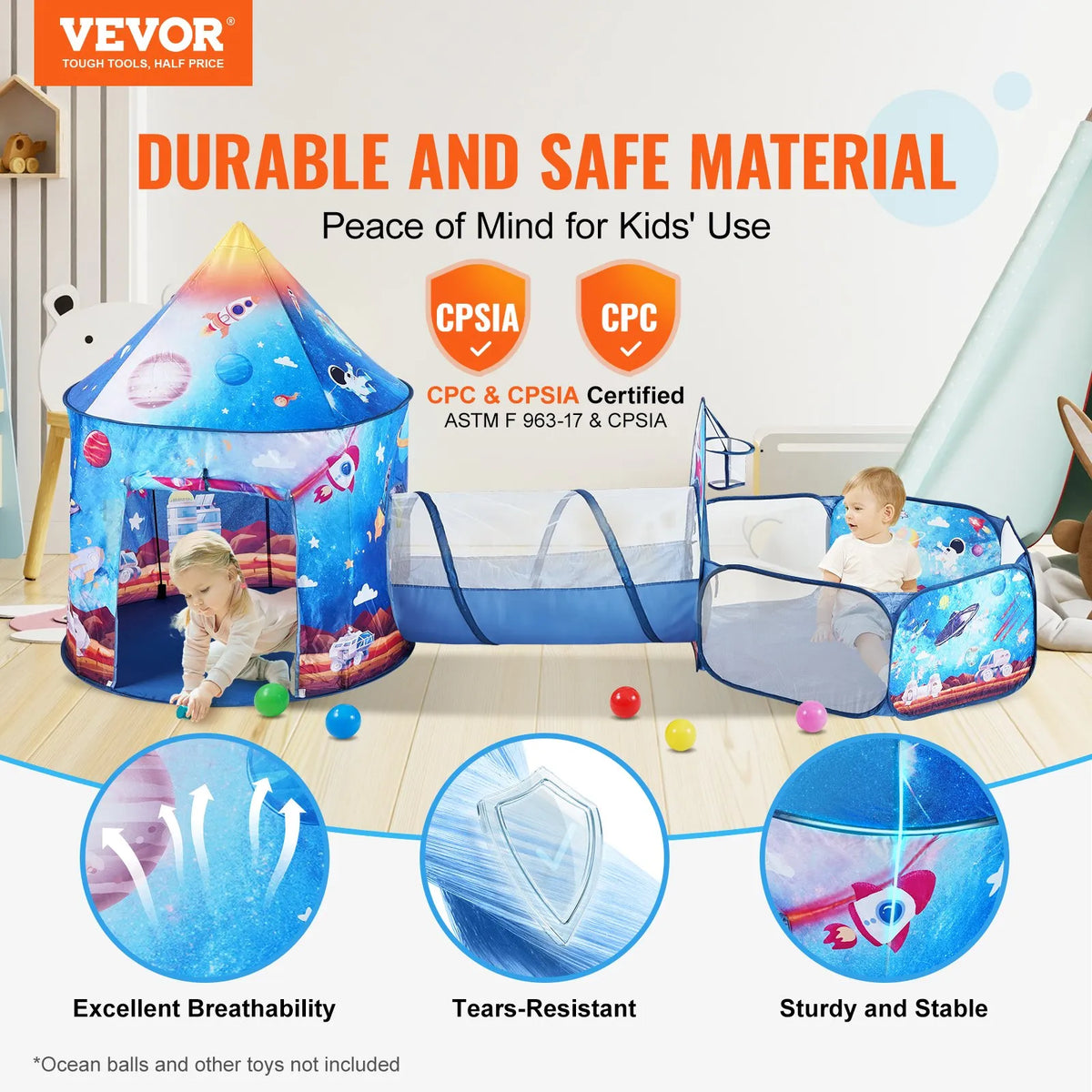 VEVOR 3 in 1 Children's Play Tent with Tunnel, Rocket Design, Blue