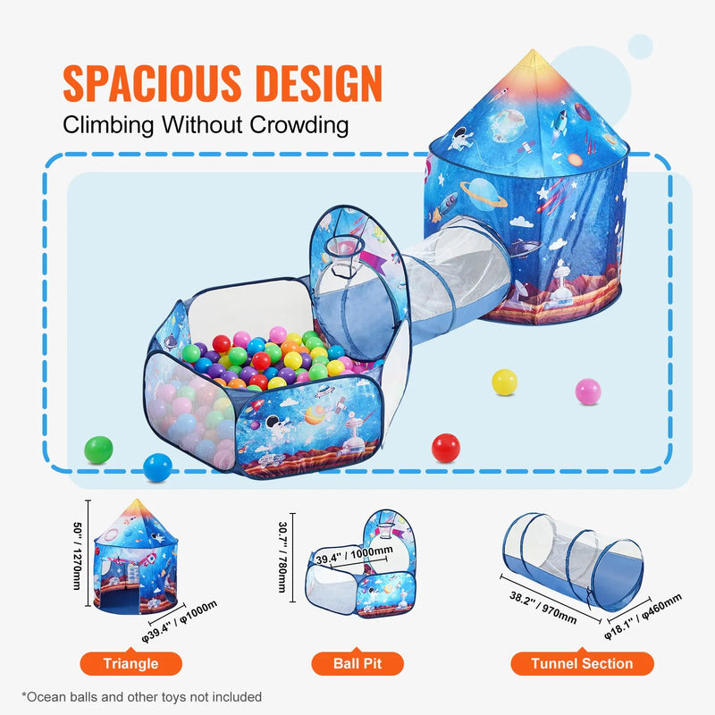 VEVOR 3 vienā bērnu rotaļu telts ar tuneli zēniem, meitenēm, mazuļiem un pirmsskolas vecuma bērniem, salokāma iekštelpu/āra rotaļu mājiņa ar pārnēsāšanas somu un stiprinājuma siksnām, raķetes dizains, karaliski zilā krāsā