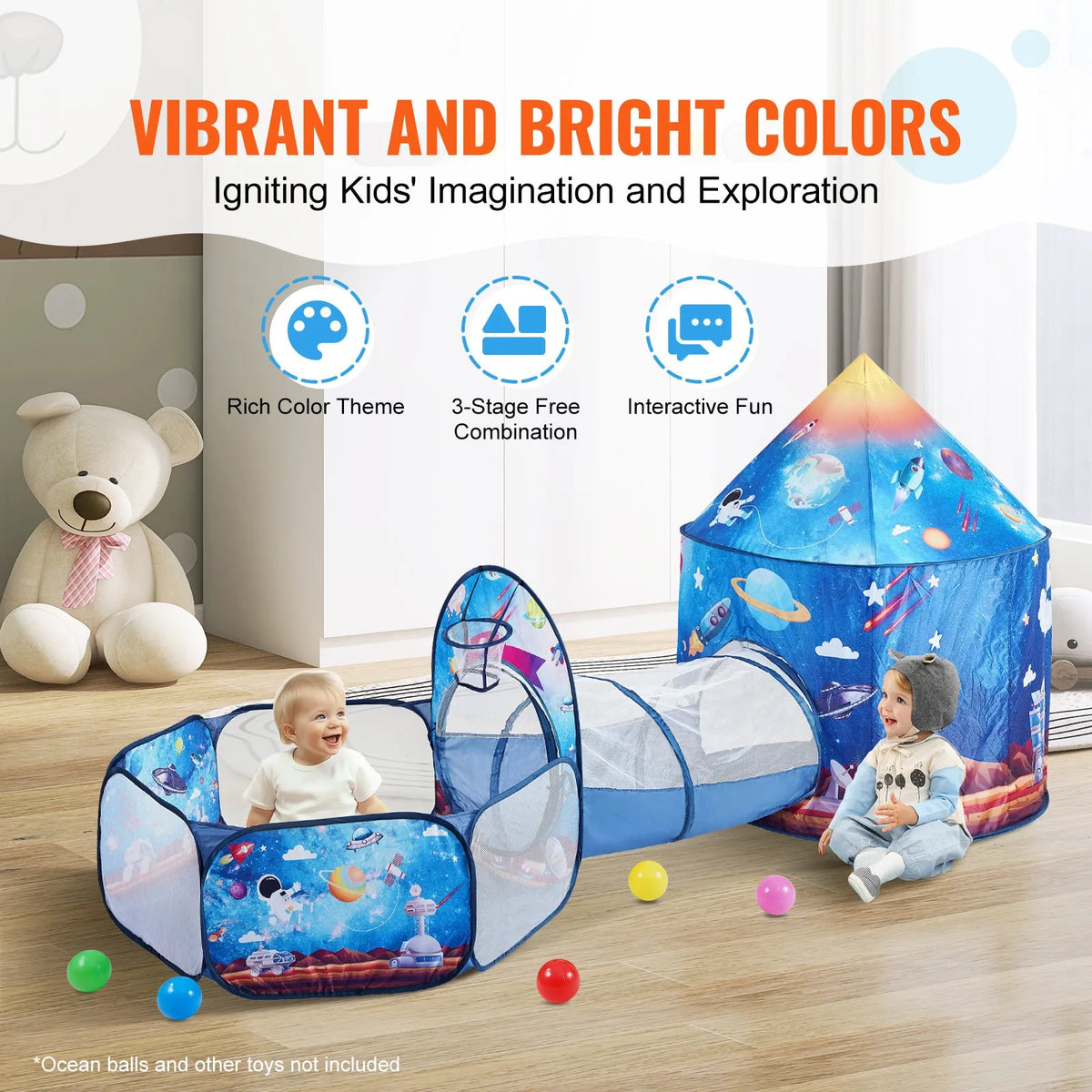 VEVOR 3 in 1 Children's Play Tent with Tunnel, Rocket Design, Blue
