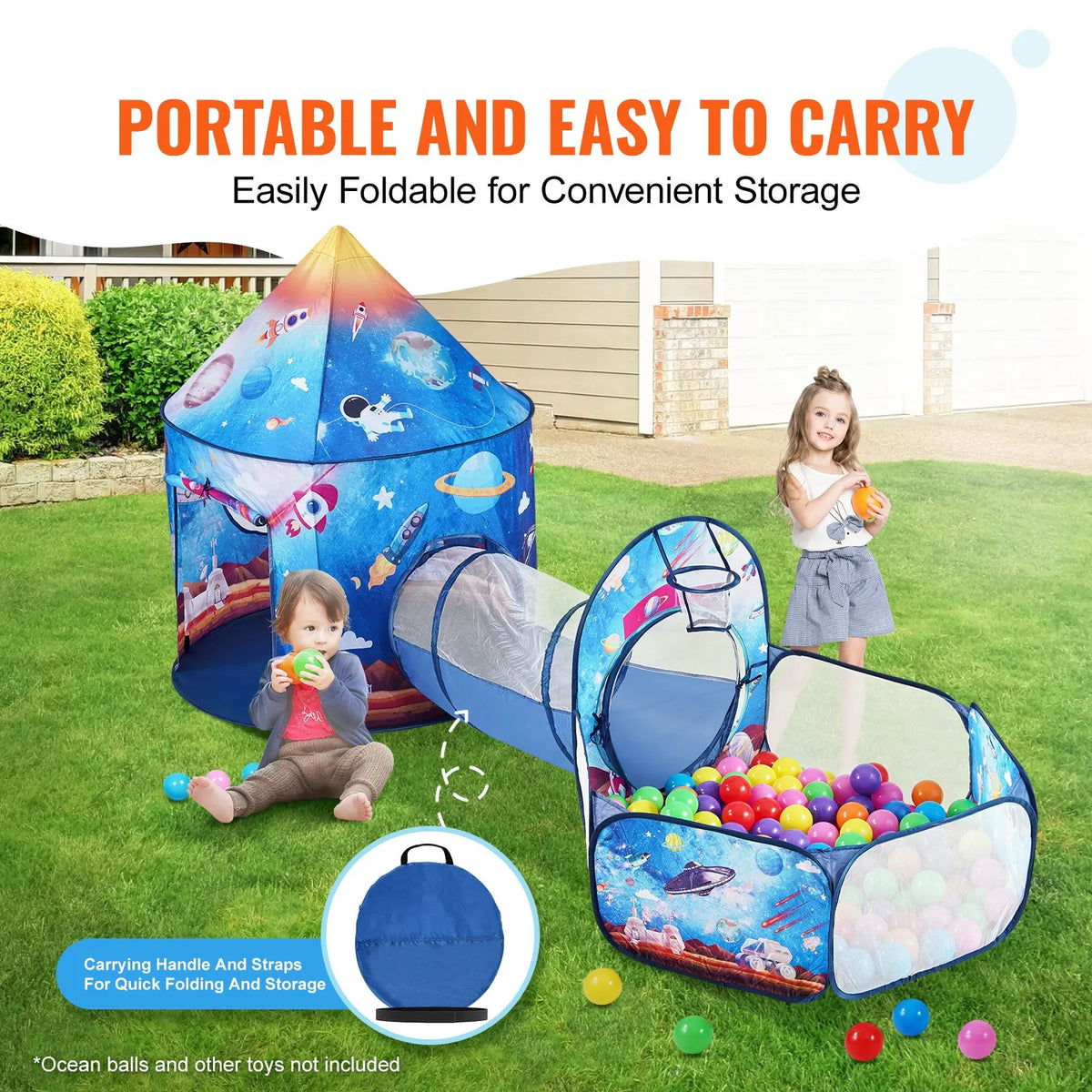 VEVOR 3 in 1 Children's Play Tent with Tunnel, Rocket Design, Blue