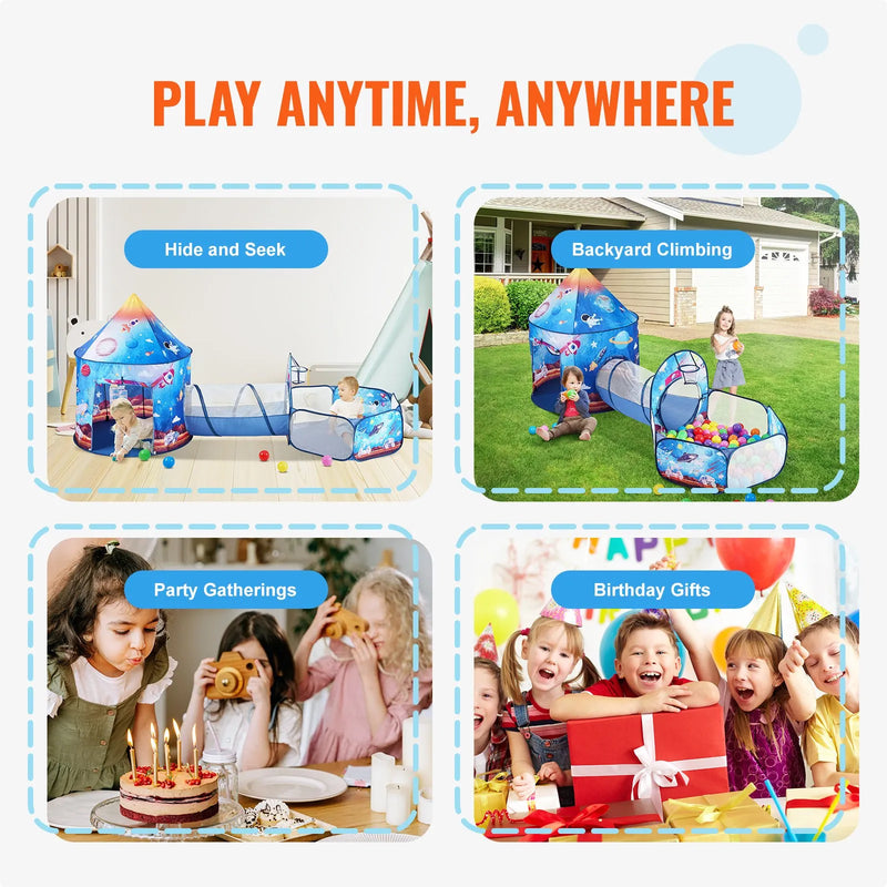 VEVOR 3 vienā bērnu rotaļu telts ar tuneli zēniem, meitenēm, mazuļiem un pirmsskolas vecuma bērniem, salokāma iekštelpu/āra rotaļu mājiņa ar pārnēsāšanas somu un stiprinājuma siksnām, raķetes dizains, karaliski zilā krāsā
