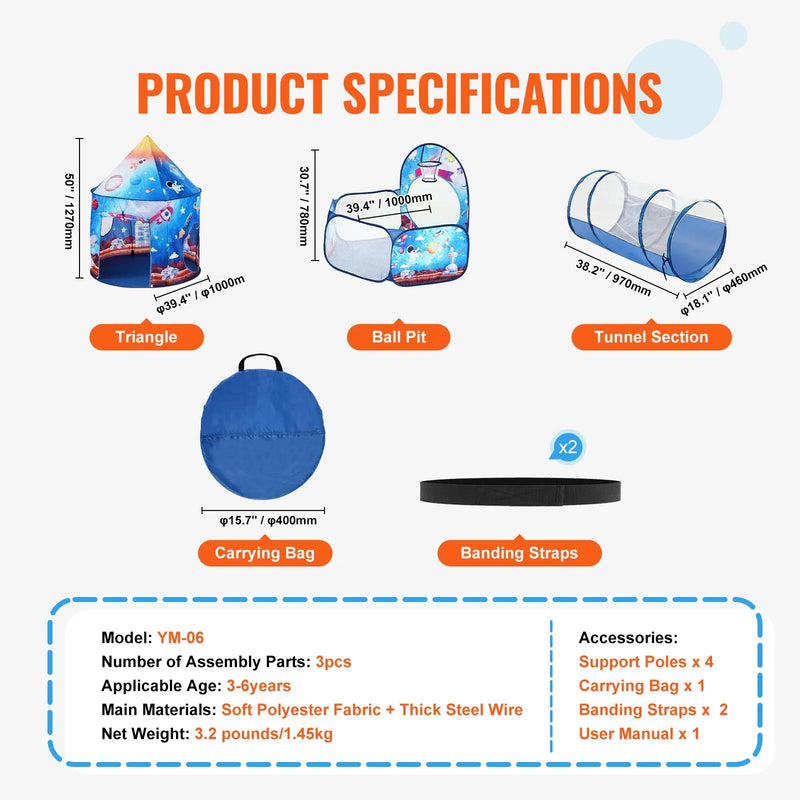 VEVOR 3 vienā bērnu rotaļu telts ar tuneli zēniem, meitenēm, mazuļiem un pirmsskolas vecuma bērniem, salokāma iekštelpu/āra rotaļu mājiņa ar pārnēsāšanas somu un stiprinājuma siksnām, raķetes dizains, karaliski zilā krāsā