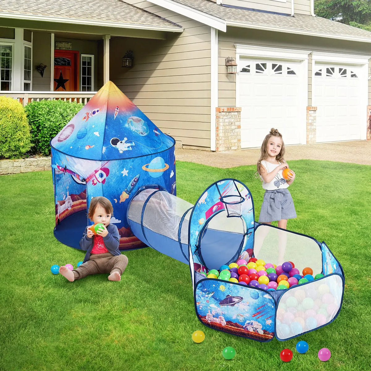 VEVOR 3 in 1 Children's Play Tent with Tunnel, Rocket Design, Blue