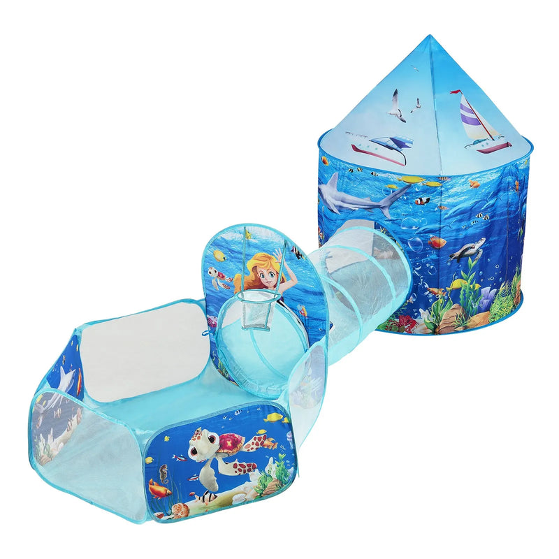 VEVOR 3 in 1 bērnu rotaļnamiņš ar tuneli un basketbola grozu, saliekams spēļu telts komplekts ar pārnēsājamo maisu, piemērots zēniem un meitenēm, lietošanai telpās un ārā, Blue Ocean