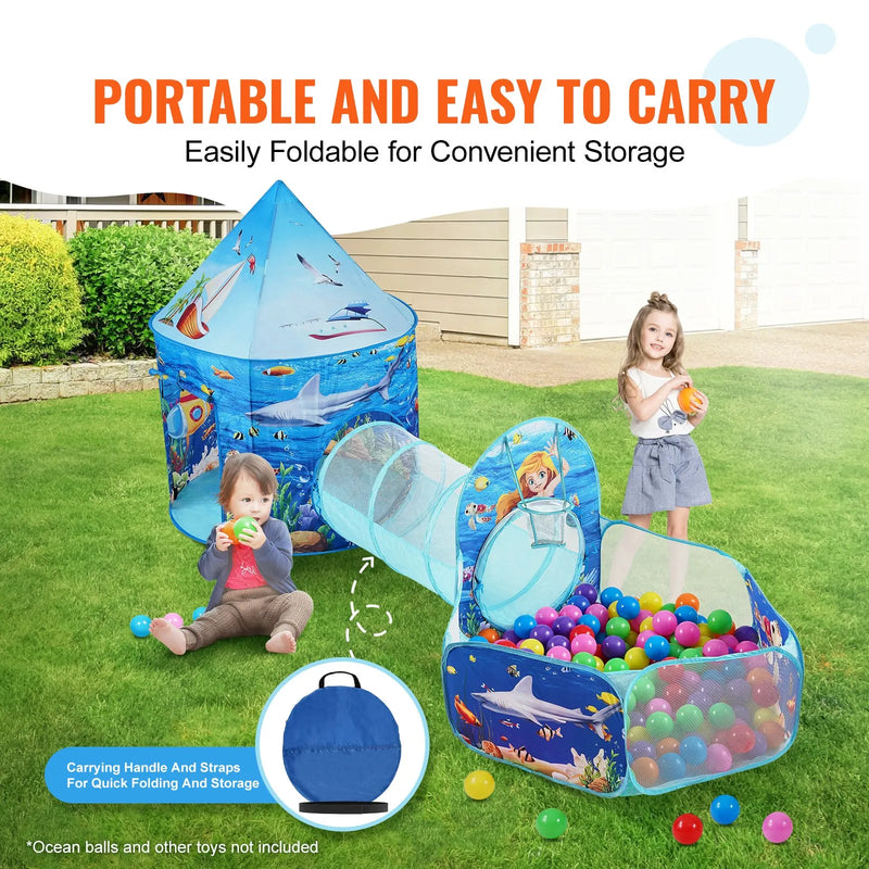 VEVOR 3 in 1 bērnu rotaļnamiņš ar tuneli un basketbola grozu, saliekams spēļu telts komplekts ar pārnēsājamo maisu, piemērots zēniem un meitenēm, lietošanai telpās un ārā, Blue Ocean