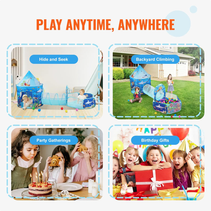 VEVOR 3 in 1 bērnu rotaļnamiņš ar tuneli un basketbola grozu, saliekams spēļu telts komplekts ar pārnēsājamo maisu, piemērots zēniem un meitenēm, lietošanai telpās un ārā, Blue Ocean