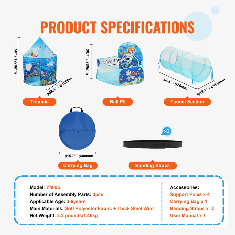 VEVOR 3 in 1 bērnu rotaļnamiņš ar tuneli un basketbola grozu, saliekams spēļu telts komplekts ar pārnēsājamo maisu, piemērots zēniem un meitenēm, lietošanai telpās un ārā, Blue Ocean