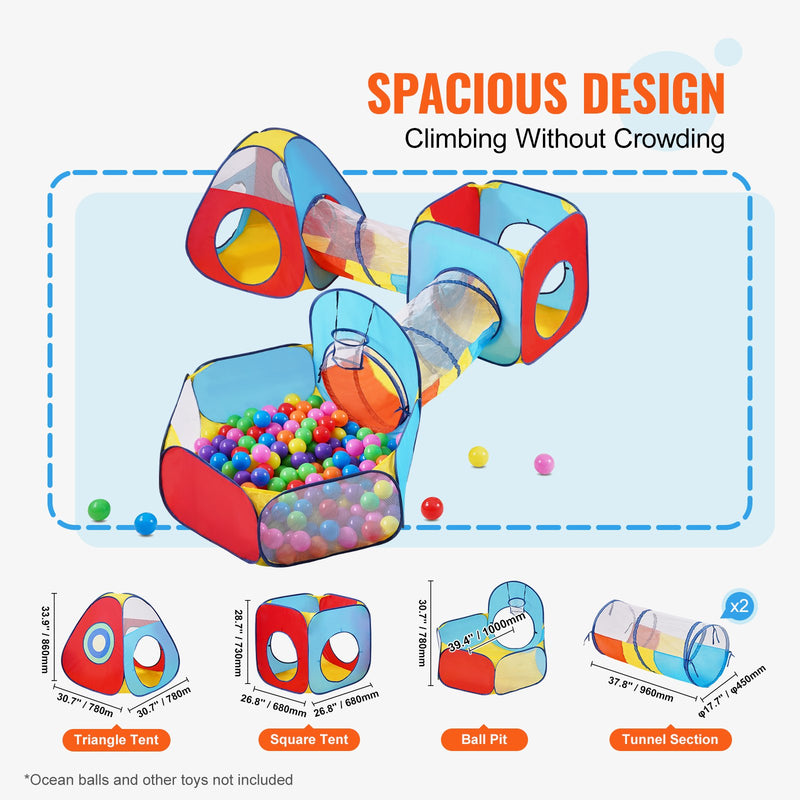 VEVOR 5-in-1 Bērnu Spēļu Telts ar Tuneli un Basketbola Grozu, Iekštelpu/Āra Pop-Up Spēļu Māja ar Pārnēsāšanas Somu un Siksnām, Sarkanā/Dzeltenā/Zilā Krāsā