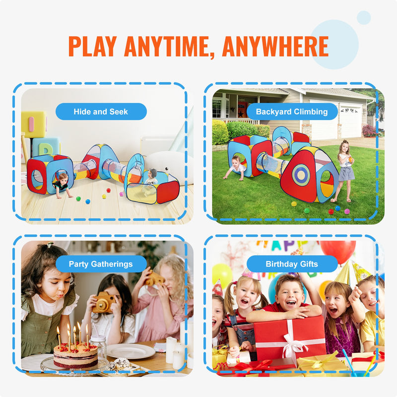 VEVOR 5-in-1 Bērnu Spēļu Telts ar Tuneli un Basketbola Grozu, Iekštelpu/Āra Pop-Up Spēļu Māja ar Pārnēsāšanas Somu un Siksnām, Sarkanā/Dzeltenā/Zilā Krāsā