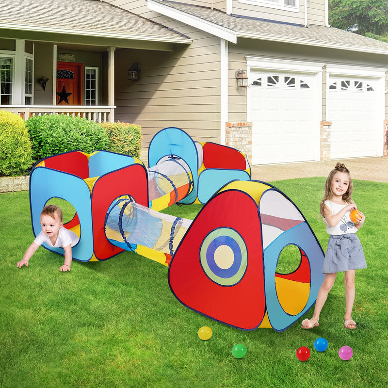 VEVOR 5-in-1 Bērnu Spēļu Telts ar Tuneli un Basketbola Grozu, Iekštelpu/Āra Pop-Up Spēļu Māja ar Pārnēsāšanas Somu un Siksnām, Sarkanā/Dzeltenā/Zilā Krāsā