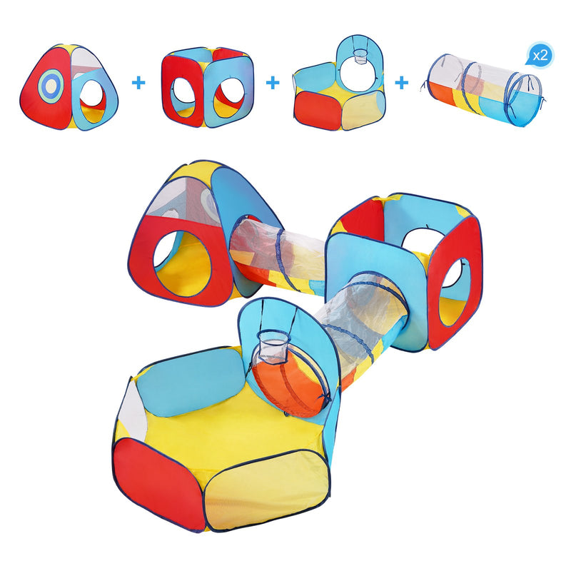 VEVOR 5-in-1 Bērnu Spēļu Telts ar Tuneli un Basketbola Grozu, Iekštelpu/Āra Pop-Up Spēļu Māja ar Pārnēsāšanas Somu un Siksnām, Sarkanā/Dzeltenā/Zilā Krāsā