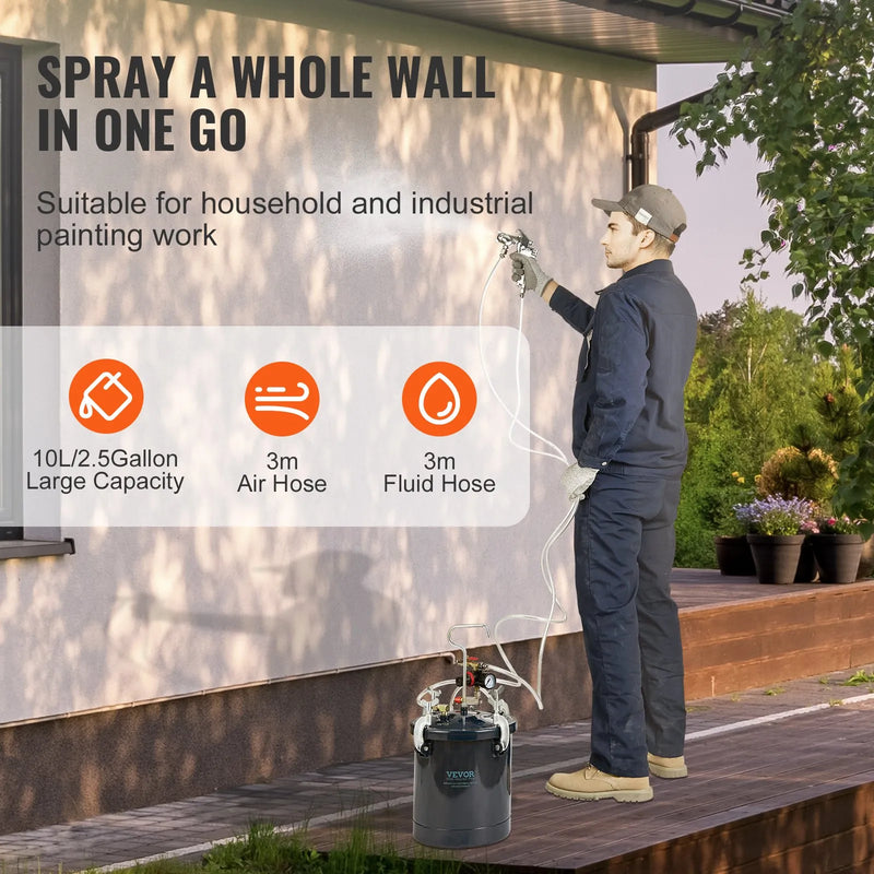 Krāsošanas spiedtvertne ar pistoli, 10 l gaisa spiedtvertne, 1,5 mm un 4 mm sprauslas, divas krāsošanas pistoles, piemērota rūpniecībai, mājas dekoram, arhitektūrai, būvniecībai un automašīnu krāsošanai, maksimālais spiediens 4,1 bar