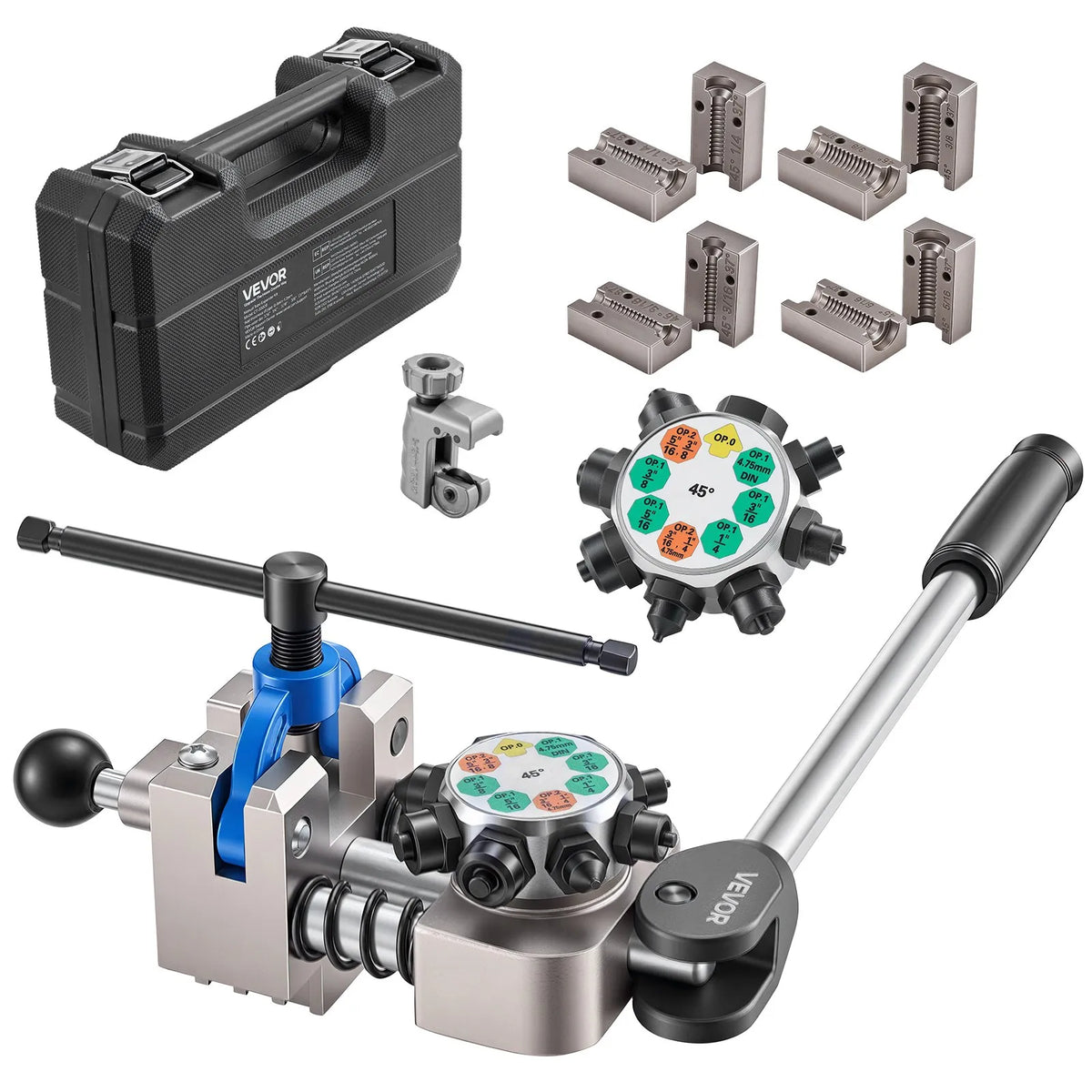VEVOR profesionāls bremžu cauruļu atloka instruments, 45° dubultā un burbuļatloka komplekts 4,76 mm, 6,35 mm, 7,94 mm, 9,52 mm vara, alumīnija un plānsienu tērauda caurulēm - ZEMLETES.LV