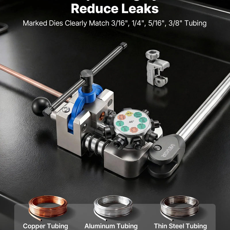 VEVOR profesionāls bremžu cauruļu atloka instruments, 45° dubultā un burbuļatloka komplekts 4,76 mm, 6,35 mm, 7,94 mm, 9,52 mm vara, alumīnija un plānsienu tērauda caurulēm - ZEMLETES.LV