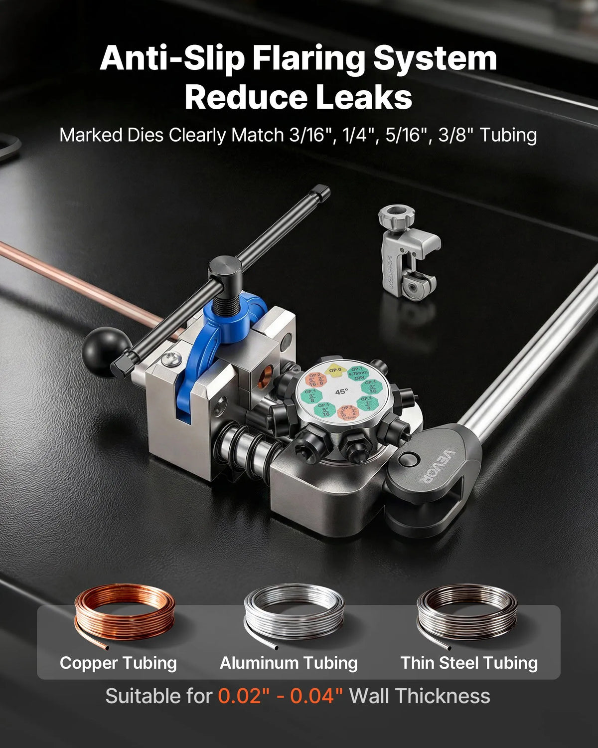 VEVOR profesionāls bremžu cauruļu atloka instruments, 45° dubultā un burbuļatloka komplekts 4,76 mm, 6,35 mm, 7,94 mm, 9,52 mm vara, alumīnija un plānsienu tērauda caurulēm - ZEMLETES.LV