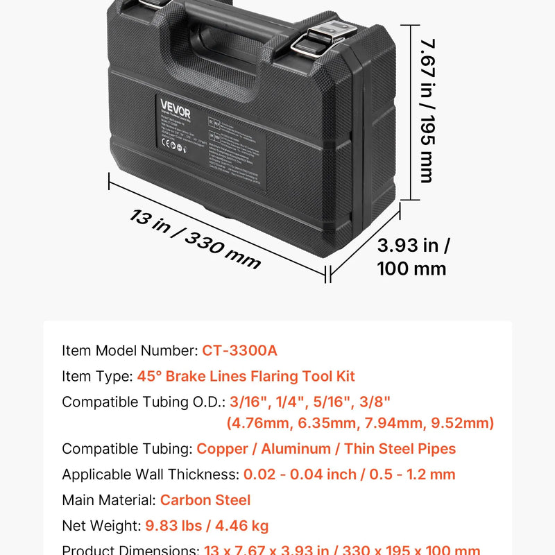 VEVOR profesionāls bremžu cauruļu atloka instruments, 45° dubultā un burbuļatloka komplekts 4,76 mm, 6,35 mm, 7,94 mm, 9,52 mm vara, alumīnija un plānsienu tērauda caurulēm - ZEMLETES.LV