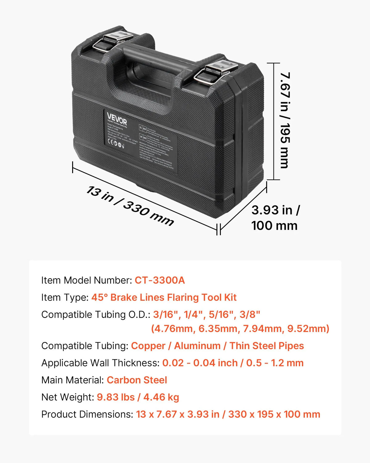 VEVOR profesionāls bremžu cauruļu atloka instruments, 45° dubultā un burbuļatloka komplekts 4,76 mm, 6,35 mm, 7,94 mm, 9,52 mm vara, alumīnija un plānsienu tērauda caurulēm - ZEMLETES.LV