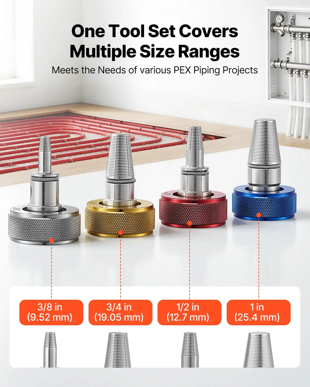 VEVOR PEX cauruļu izplešanas instrumentu komplekts, manuāls instruments 9,52–25,4 mm caurulēm, 4 uzgaļi, cauruļu griezis un instrumentu kaste apkures un ūdensapgādes sistēmām - ZEMLETES.LV