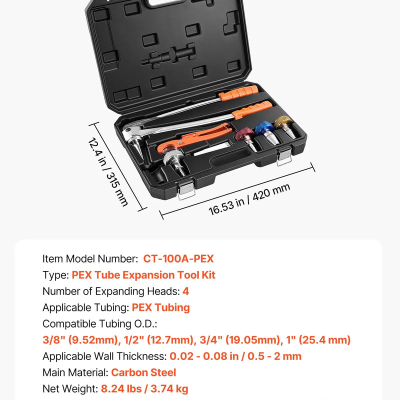 VEVOR PEX cauruļu izplešanas instrumentu komplekts, manuāls instruments 9,52–25,4 mm caurulēm, 4 uzgaļi, cauruļu griezis un instrumentu kaste apkures un ūdensapgādes sistēmām - ZEMLETES.LV