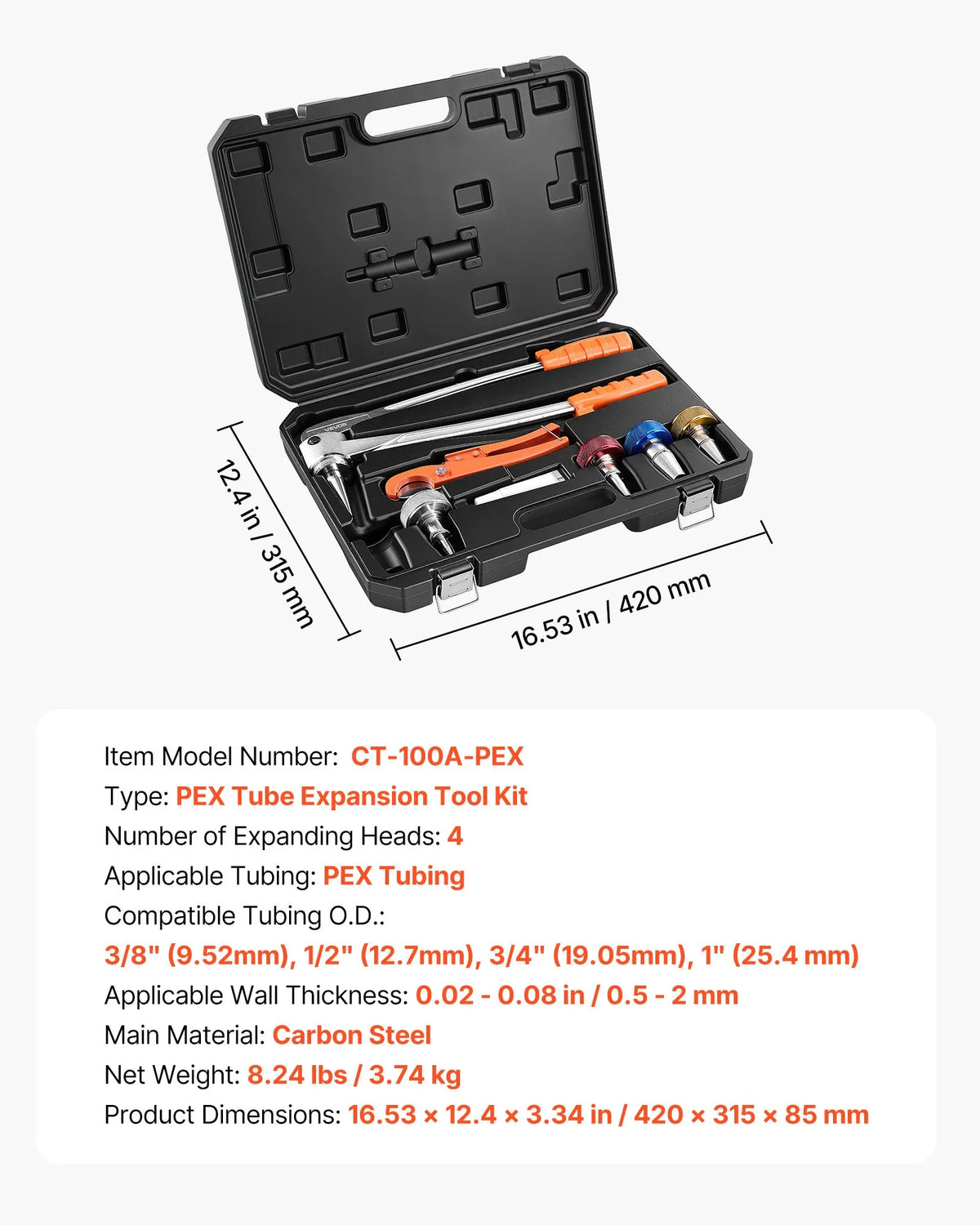VEVOR PEX cauruļu izplešanas instrumentu komplekts, manuāls instruments 9,52–25,4 mm caurulēm, 4 uzgaļi, cauruļu griezis un instrumentu kaste apkures un ūdensapgādes sistēmām - ZEMLETES.LV
