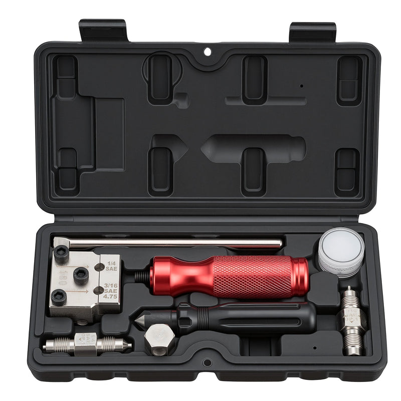 VEVOR bremžu cauruļu uzpresēšanas instrumentu komplekts, 45° vienkāršais un dubultais uzpresējums 4,75 mm un 6,35 mm vara caurulēm, ar 2 formēšanas matricām, atskabargu noņemšanas instrumentu un koferi auto bremžu hidraulisko līniju remontam - ZEMLETES.LV
