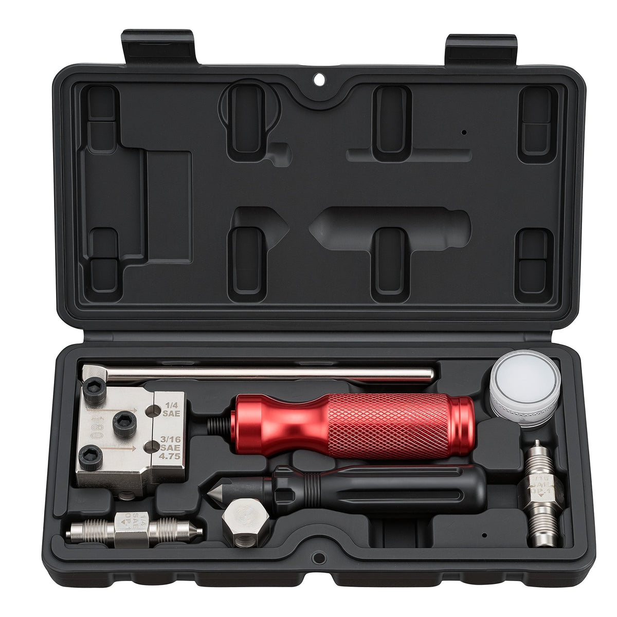 VEVOR bremžu cauruļu uzpresēšanas instrumentu komplekts, 45° vienkāršais un dubultais uzpresējums 4,75 mm un 6,35 mm vara caurulēm, ar 2 formēšanas matricām, atskabargu noņemšanas instrumentu un koferi auto bremžu hidraulisko līniju remontam - ZEMLETES.LV