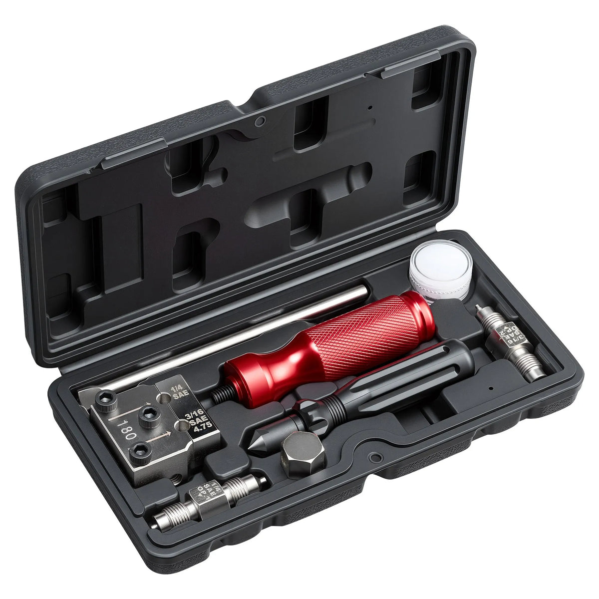 VEVOR bremžu cauruļu uzpresēšanas instrumentu komplekts, 45° vienkāršais un dubultais uzpresējums 4,75 mm un 6,35 mm vara caurulēm, ar 2 formēšanas matricām, atskabargu noņemšanas instrumentu un koferi auto bremžu hidraulisko līniju remontam - ZEMLETES.LV