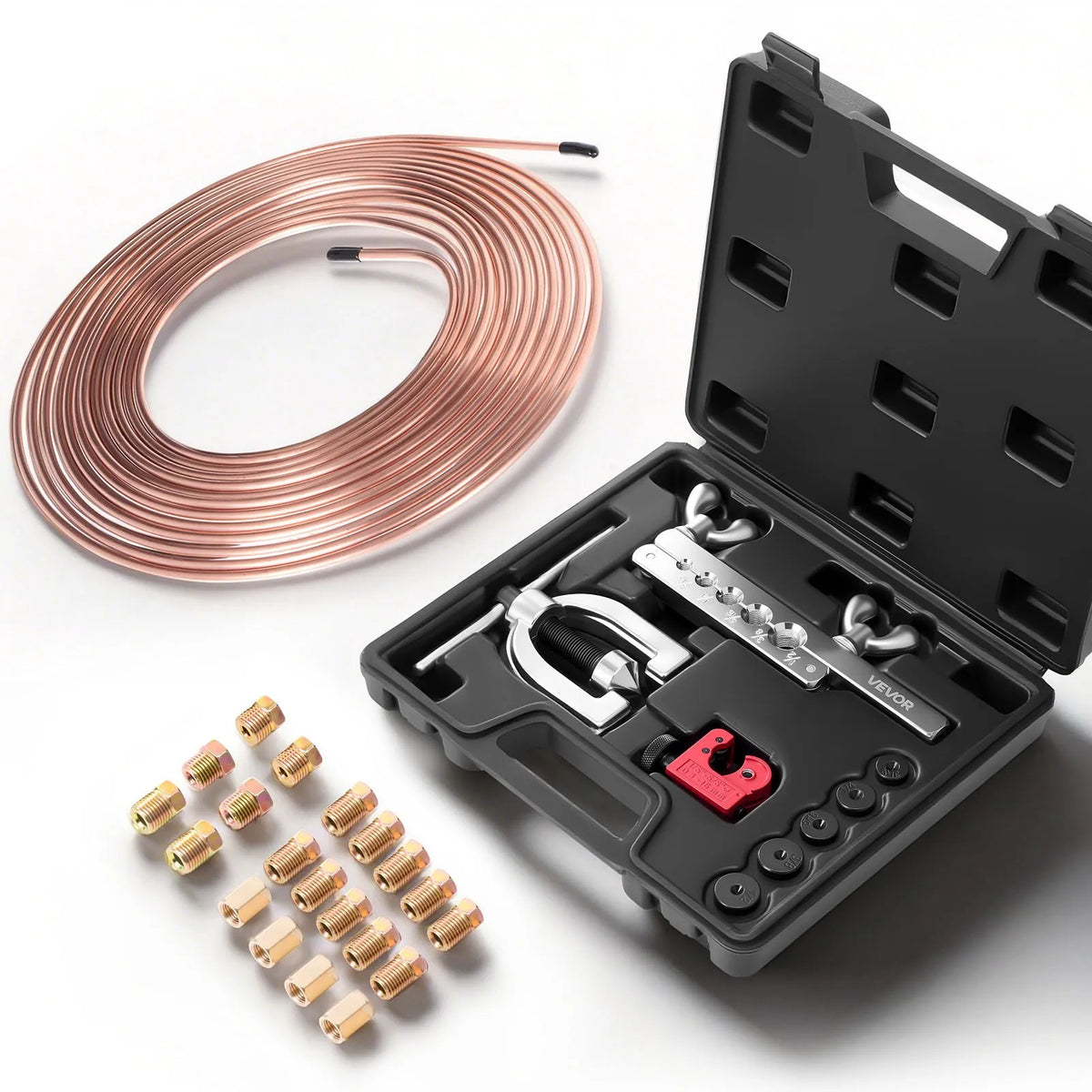 VEVOR bremžu cauruļu remonta komplekts ar 45° dubultās un vienkāršās uzlocīšanas instrumentu, 7,6 m x 4,76 mm vara pārklājuma caurule ar 16 savienojumiem un 4 savienotājiem, cauruļu griezējs, 5 adapteri un koferis - ZEMLETES.LV
