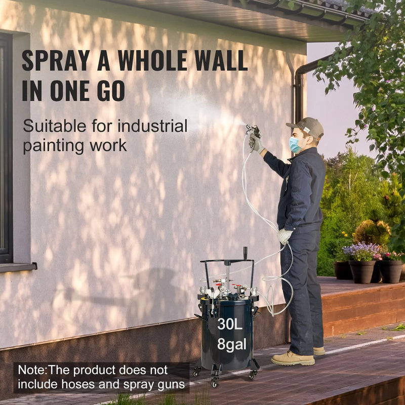 Krāsošanas spiedtvertne ar pistoli, 30 l gaisa spiedtvertne ar manuālo maisītāju, hermētiķi noplūžu novēršanai, piemērota rūpniecībai, mājas dekoram, arhitektūrai, būvniecībai un automašīnu krāsošanai, maksimālais spiediens 4,8 bar