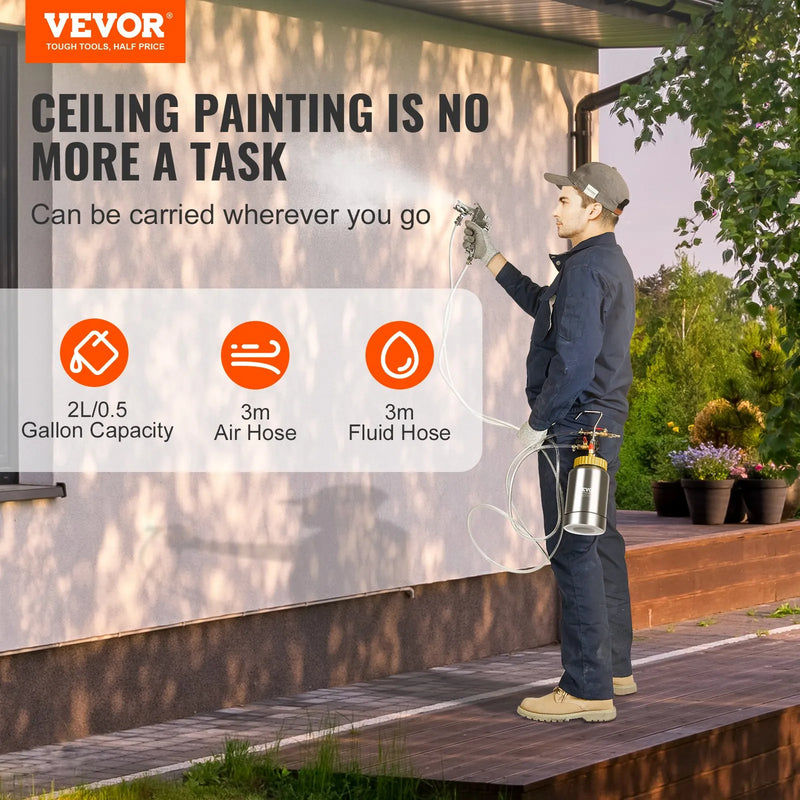 Krāsošanas spiedtvertne ar pistoli, 2 l viegla gaisa spiedtvertne, 1,8 mm sprausla, 3 m šļūtenes, piemērota mājas dekorēšanai, arhitektūrai, būvniecībai un automašīnu krāsošanai, maksimālais spiediens 3,1 bar.