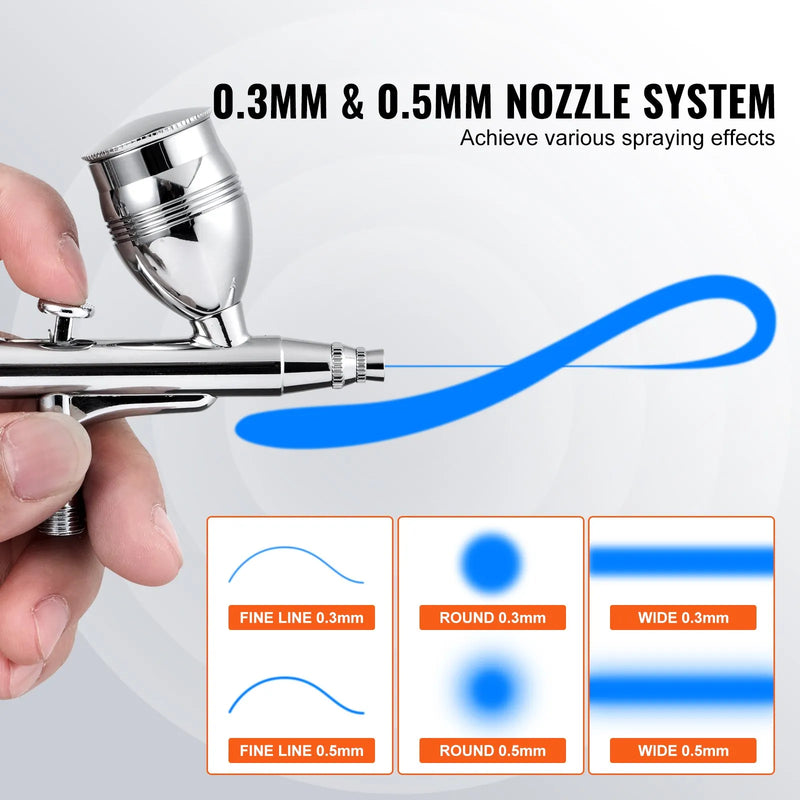 Gaisa ota, 0,3 mm un 0,5 mm divdarbības ar augšējo padevi, komplekts ar 2 ml, 7 ml un 12 ml vara trauciņiem un tīrīšanas piederumiem, piemērota modeļu, kūku, desertu un nagu mākslas krāsošanai