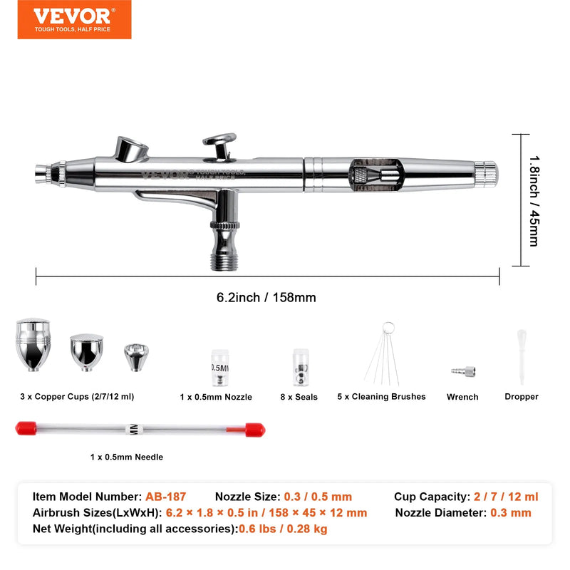 Gaisa ota, 0,3 mm un 0,5 mm divdarbības ar augšējo padevi, komplekts ar 2 ml, 7 ml un 12 ml vara trauciņiem un tīrīšanas piederumiem, piemērota modeļu, kūku, desertu un nagu mākslas krāsošanai