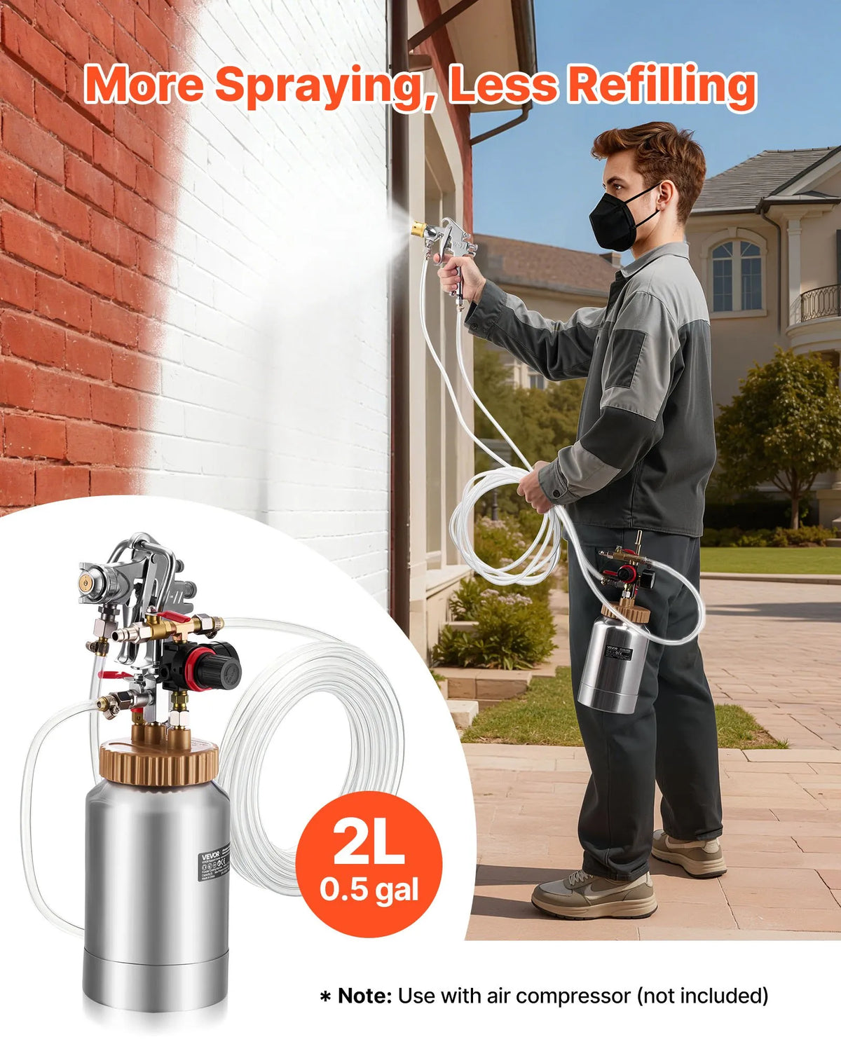 VEVOR 2 L Pressure Paint Tank with 2 Spray Guns, Pneumatic Painting System with 1.8 mm and 3 mm Nozzles, 2 x 3 m Hoses, for Furniture and Cars, 3 Adjustable Control Modes