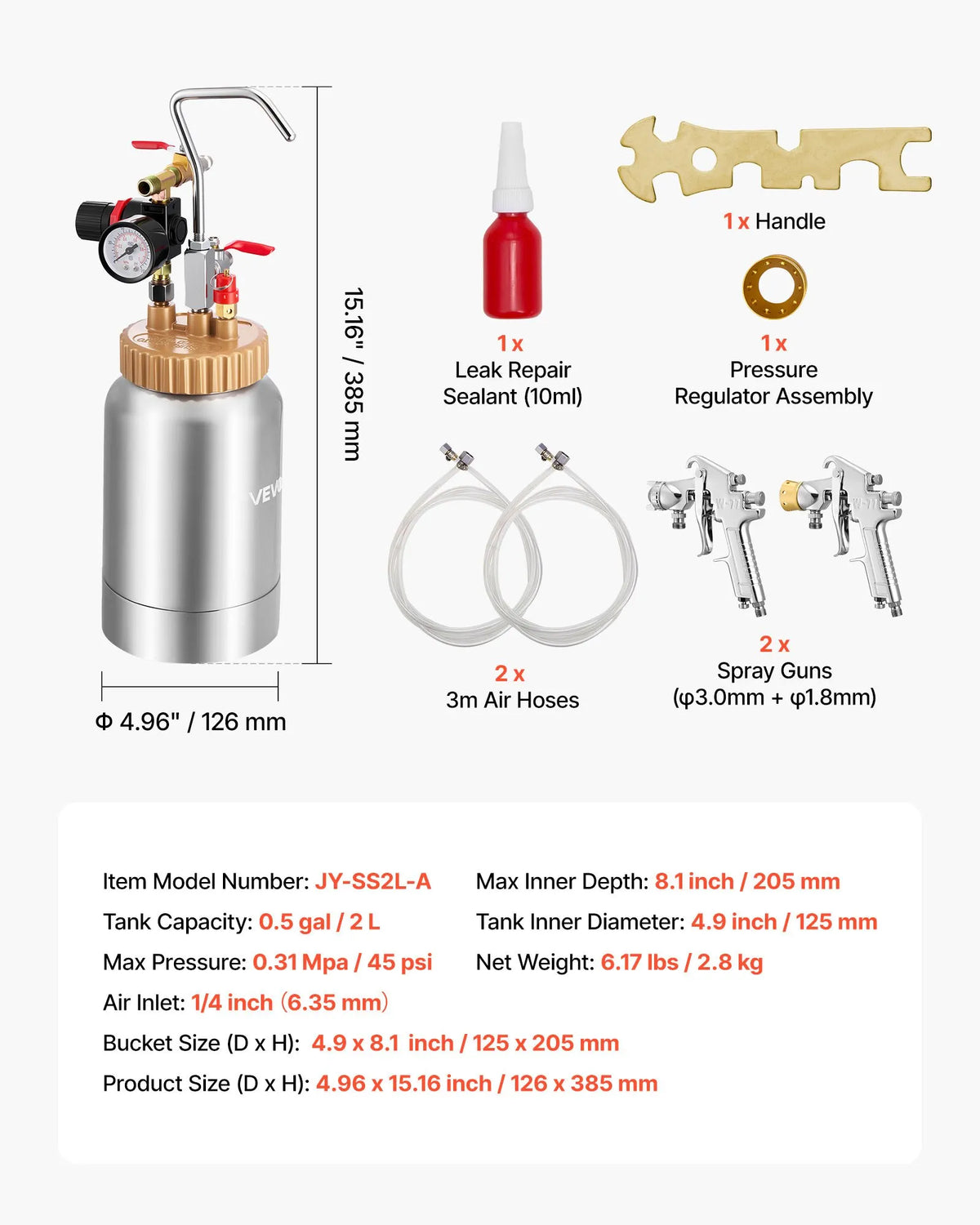 VEVOR 2 L Pressure Paint Tank with 2 Spray Guns, Pneumatic Painting System with 1.8 mm and 3 mm Nozzles, 2 x 3 m Hoses, for Furniture and Cars, 3 Adjustable Control Modes